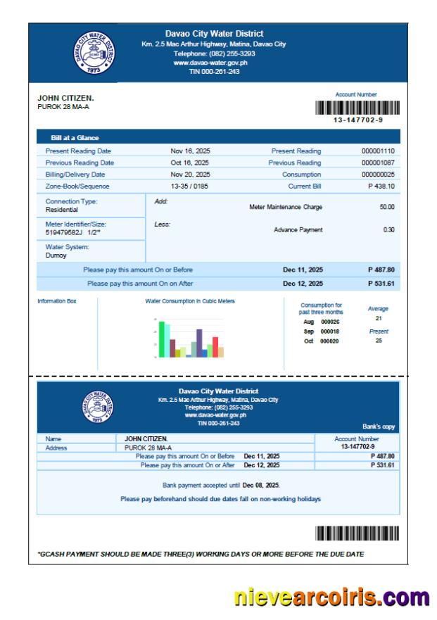 Philippines Davao City Water District utility bill